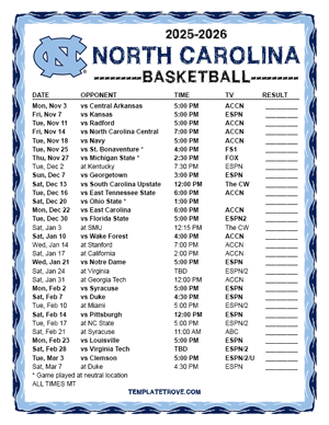 North Carolina Tarheels Basketball 2025-26 Printable Schedule - Mountain Times