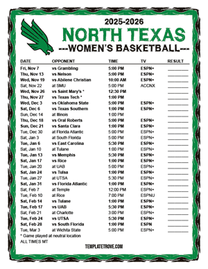 North Texas Mean Green women's basketball 2025-26 Printable Schedule - Mountain Times