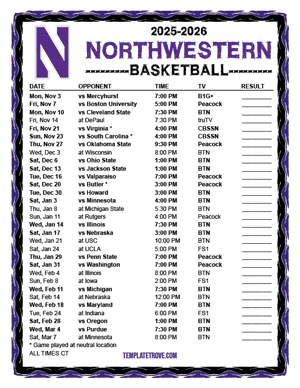 Northwestern Wildcats Basketball 2025-26 Printable Schedule - Central Times