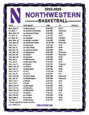 2024-25 Printable Northwestern Wildcats Basketball Schedule