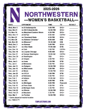 Northwestern Wildcats Women's Basketball 2025-26 Printable Schedule - Pacific Times