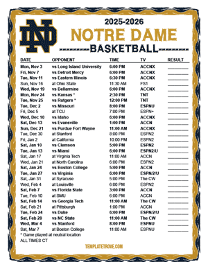 Notre Dame Fighting Irish Basketball 2025-26 Printable Schedule - Central Times