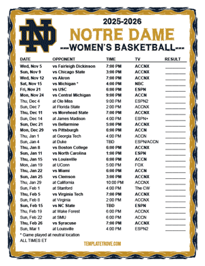 2025-26 Printable Notre Dame Fighting Irish Women's Basketball Schedule
