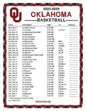Oklahoma Sooners Basketball 2025-26 Printable Schedule - Mountain Times