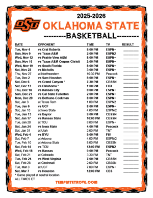 2024-25 Printable Oklahoma State Cowboys Basketball Schedule