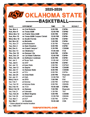 Oklahoma State Cowboys Basketball 2025-26 Printable Schedule - Mountain Times