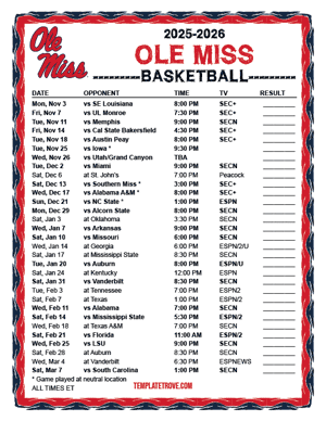 2024-25 Printable Ole Miss Rebels Basketball Schedule