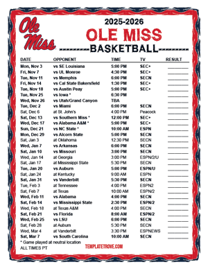 Ole Miss Rebels Basketball 2025-26 Printable Schedule - Pacific Times