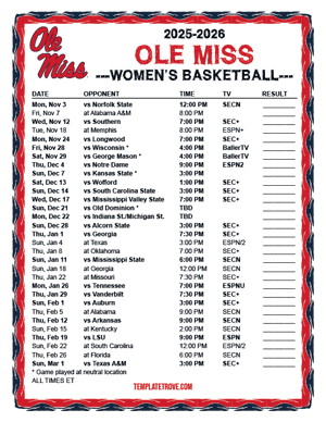 2024-25 Printable Ole Miss Rebels Women's Basketball Schedule