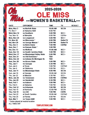 Ole Miss Rebels women's basketball 2025-26 Printable Schedule - Mountain Times