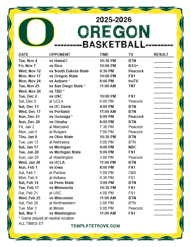Printable 2025 2026 Oregon Ducks Basketball Schedule