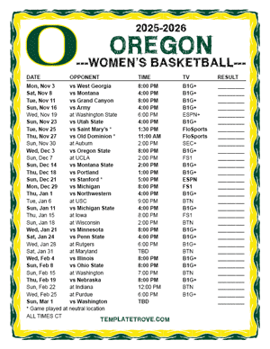 Oregon Ducks Women's Basketball 2025-26 Printable Schedule - Central Times