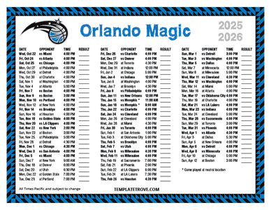Orlando Magic 2025-26 Printable Schedule - Pacific Times