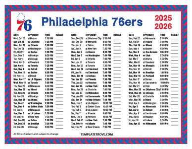 Philadelphia 76ers 2025-26 Printable Schedule