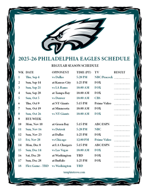Philadelphia Eagles 2025-26
Printable Schedule - Pacific Times
