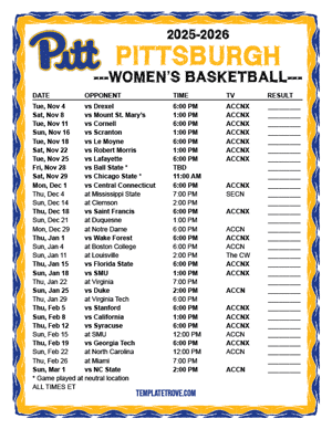 2025-26 Printable Pittsburgh Panthers Women's Basketball Schedule