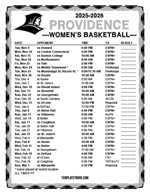 Providence Friars Women's Basketball 2025-26 Printable Schedule - Pacific Times