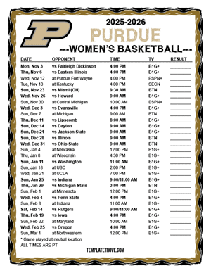 Purdue Boilermakers Women's Basketball 2025-26 Printable Schedule - Pacific Times