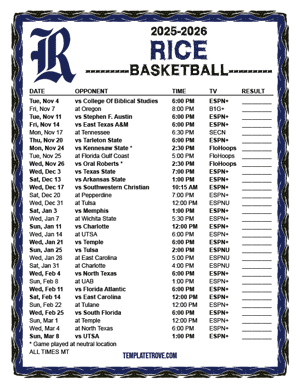 Rice Owls Basketball 2025-26 Printable Schedule - Mountain Times
