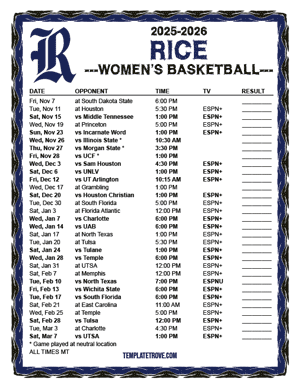 Rice Owls women's basketball 2025-26 Printable Schedule - Mountain Times