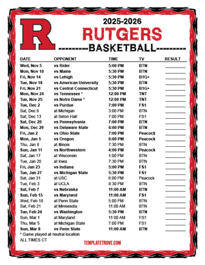 Rutgers Scarlet Knights Basketball 2025-26 Printable Schedule - Central Times