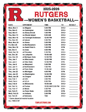 Rutgers Scarlet Knights Women's Basketball 2025-26 Printable Schedule - Mountain Times