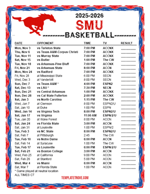 SMU Mustangs Basketball 2025-26 Printable Schedule - Central Times