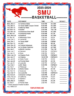 2024-25 Printable SMU Mustangs Basketball Schedule