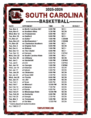 South Carolina Gamecocks Basketball 2025-26 Printable Schedule - Central Times