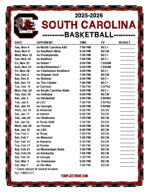 2024-25 Printable South Carolina Gamecocks Basketball Schedule