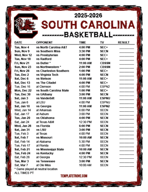 South Carolina Gamecocks Basketball 2025-26 Printable Schedule - Pacific Times