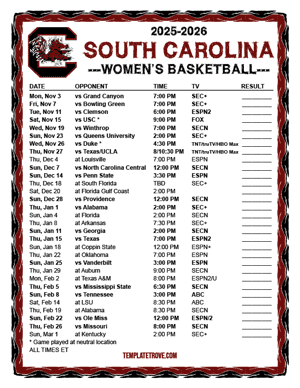 2024-25 Printable South Carolina Gamecocks Women's Basketball Schedule