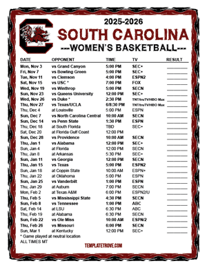 South Carolina Gamecocks women's basketball 2025-26 Printable Schedule - Mountain Times