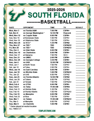 South Florida Bulls Basketball 2025-26 Printable Schedule - Central Times