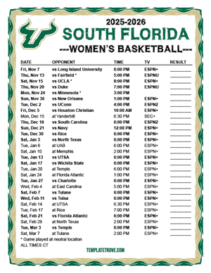 South Florida Bulls women's basketball 2025-26 Printable Schedule - Central Times