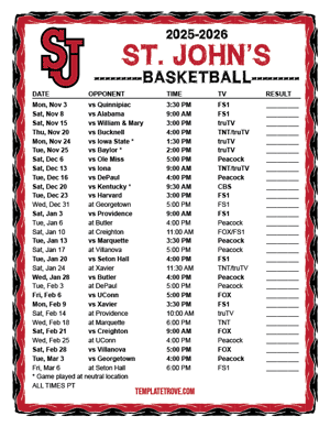 St. John's Red Storm Basketball 2025-26 Printable Schedule - Pacific Times