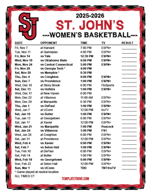 St. John's Red Storm Women's Basketball 2025-26 Printable Schedule - Central Times