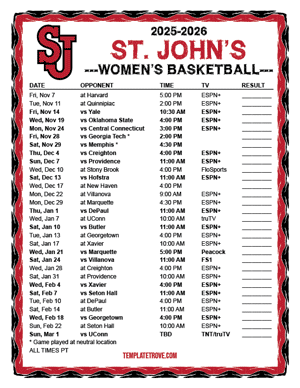St. John's Red Storm Women's Basketball 2025-26 Printable Schedule - Pacific Times