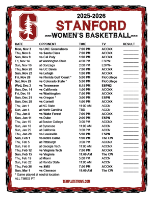 Stanford Cardinal women's basketball 2025-26 Printable Schedule - Pacific Times