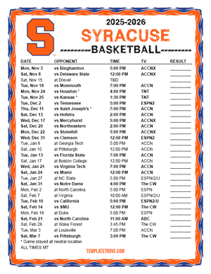 Syracuse Orange Basketball 2025-26 Printable Schedule - Mountain Times