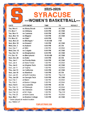 Syracuse Orange women's basketball 2025-26 Printable Schedule - Central Times