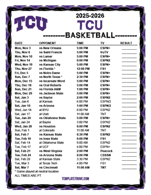 TCU Horned Frogs Basketball 2025-26 Printable Schedule - Pacific Times