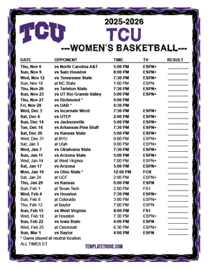 2024-25 Printable TCU Horned Frogs Women's Basketball Schedule
