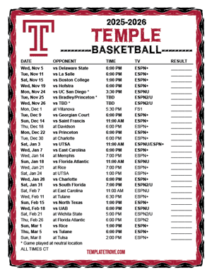 Temple Owls Basketball 2025-26 Printable Schedule - Central Times