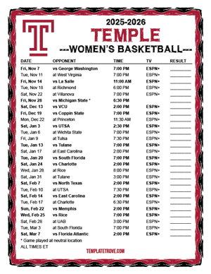 2024-25 Printable Temple Owls Women's Basketball Schedule