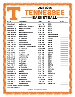 Tennessee Volunteers Basketball 2025-26 Printable Schedule - Pacific Times