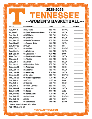 Tennessee Volunteers women's basketball 2025-26 Printable Schedule - Central Times