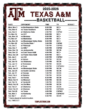 2024-25 Printable Texas A&M Aggies Basketball Schedule