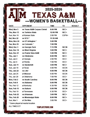2024-25 Printable Texas A&M Aggies Women's Basketball Schedule