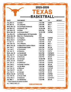 Texas Longhorns Basketball 2025-26 Printable Schedule - Central Times